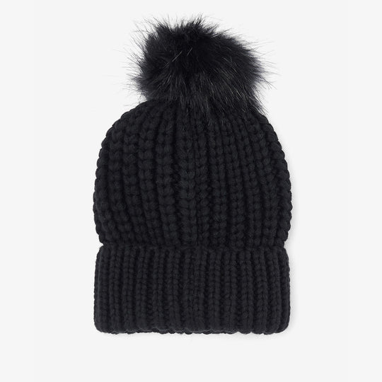 Barbour SALTBURN Womens Pom-Pom Beanie Black, top view showing faux-fur pom-pom and chunky-knit design.