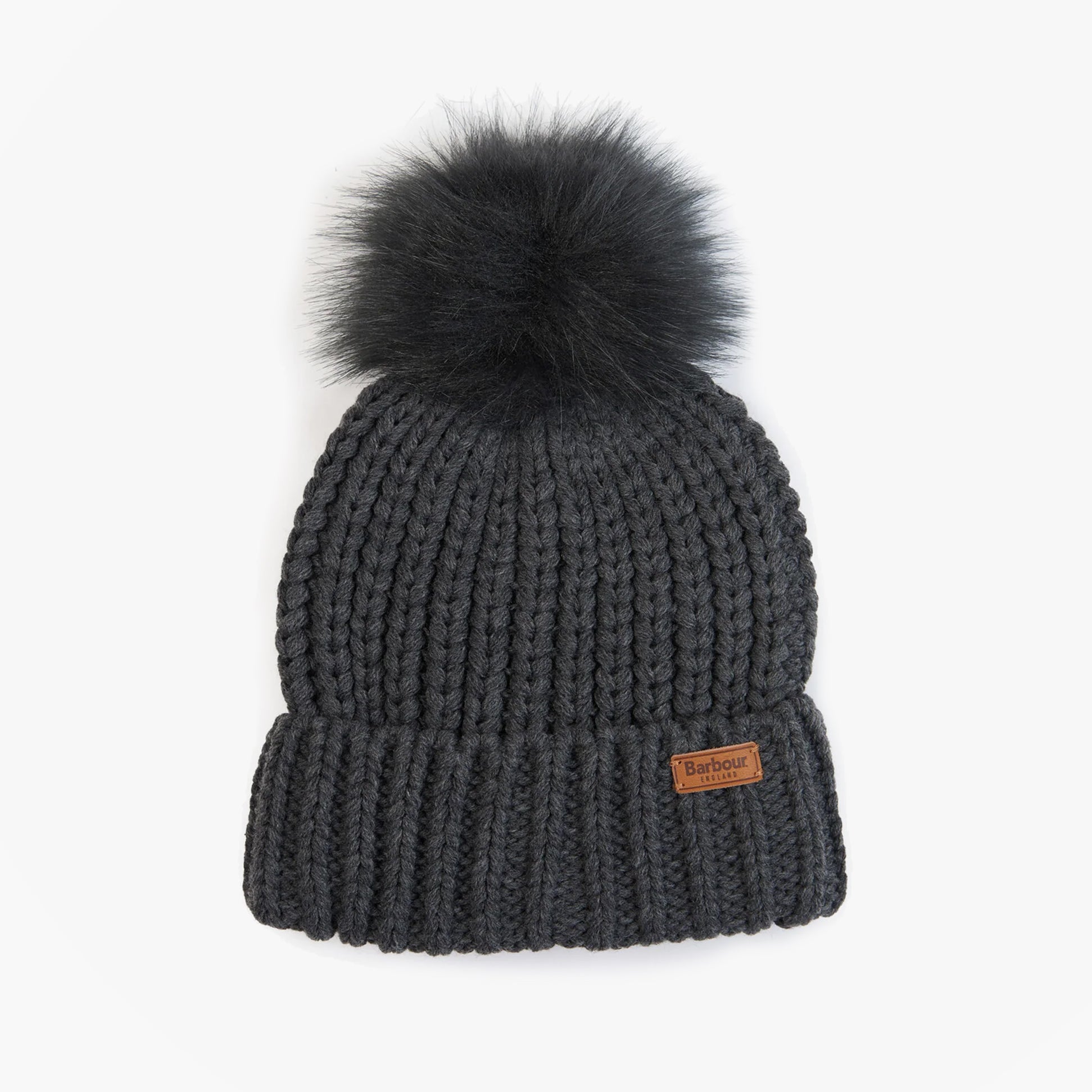 Barbour SALTBURN Womens Beanie Charcoal front view with faux fur pom pom and iconic label.