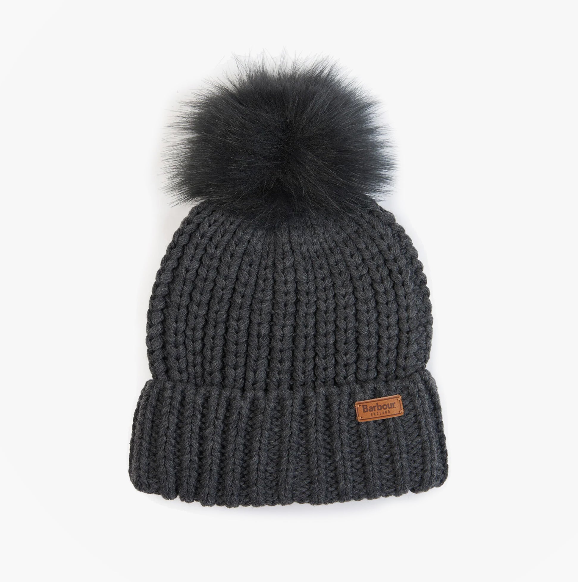Barbour SALTBURN Womens Beanie Charcoal front view with faux fur pom pom and iconic label.
