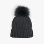 Barbour SALTBURN Womens Beanie Charcoal front view with faux fur pom pom on top