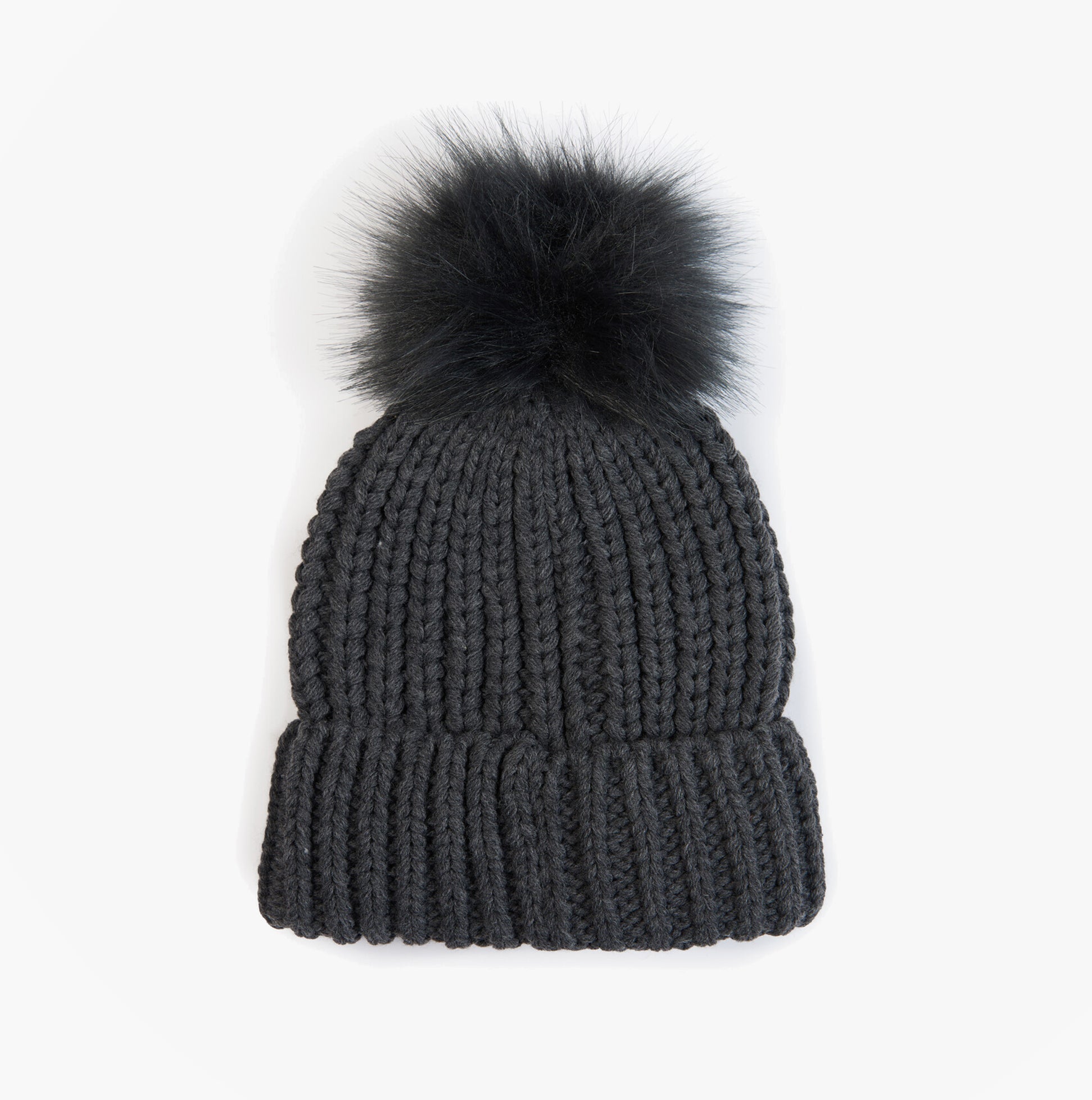 Barbour SALTBURN Womens Beanie Charcoal front view with faux fur pom pom on top