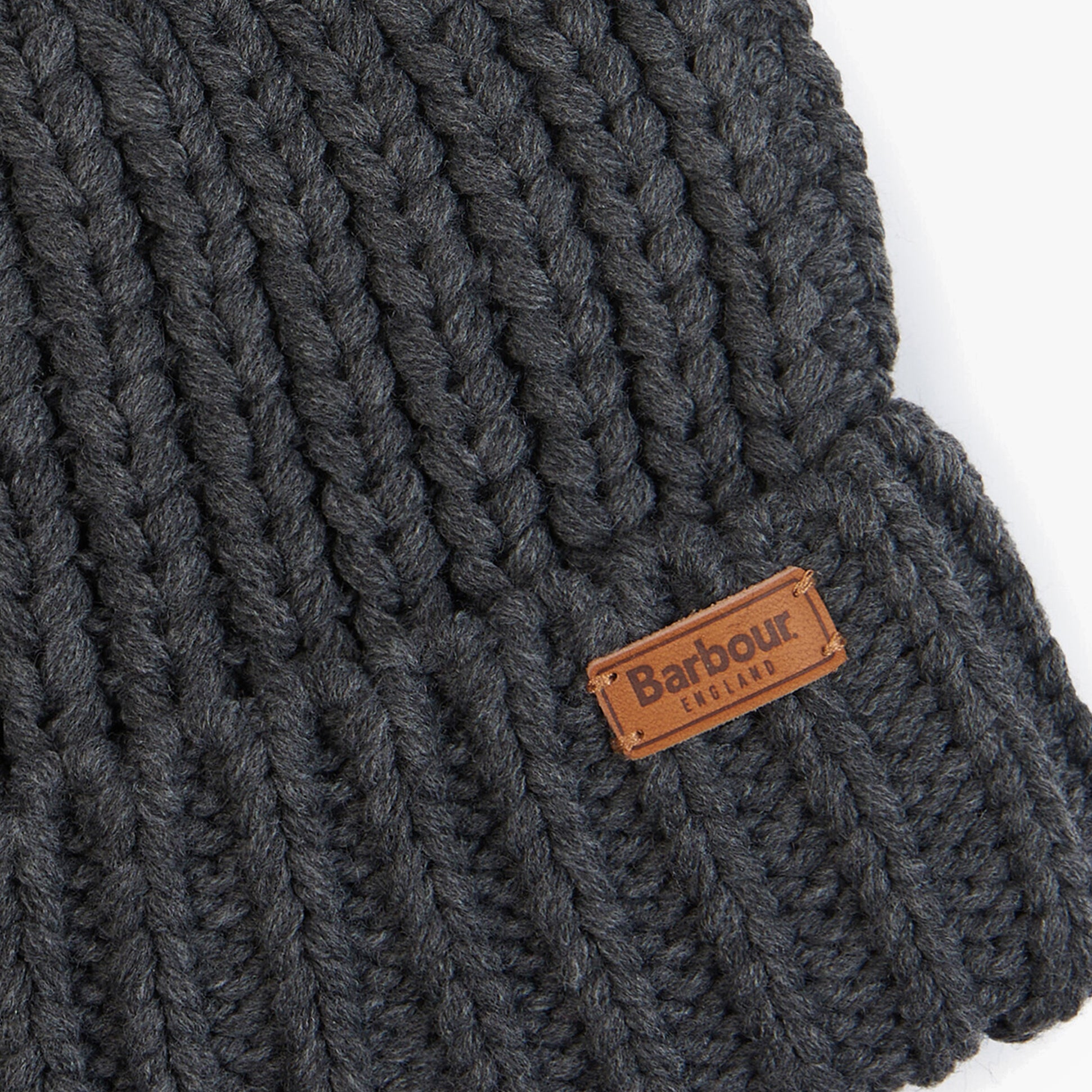 Barbour SALTBURN Womens Beanie Charcoal detail view showing textured knit and brand label.