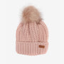 Barbour SALTBURN Womens Pom-Pom Beanie Pink top view with faux-fur pom-pom and logo-embossed leather badge.