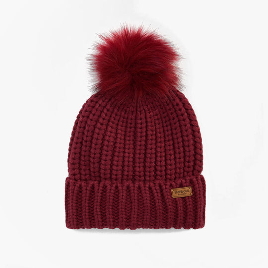 Barbour SALTBURN Womens Beanie Biking Red top view with faux fur pom pom on a burgundy knitted beanie.