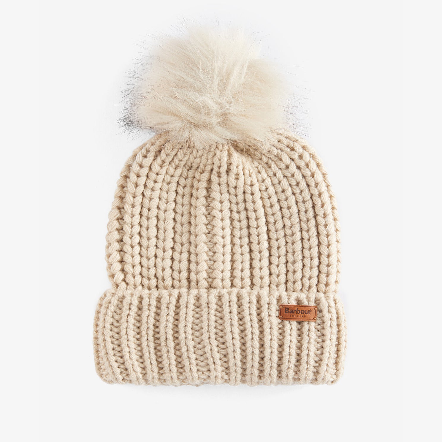 Barbour SALTBURN Womens Pom-Pom Beanie Pearl front view showing chunky-knit style and faux-fur pom-pom.