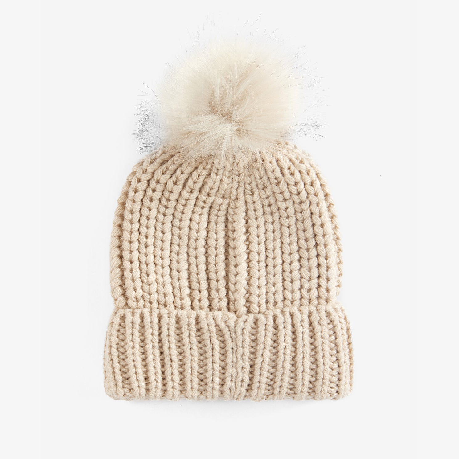 Barbour SALTBURN Womens Pom-Pom Beanie Pearl front view with faux-fur pom-pom and chunky-knit design.