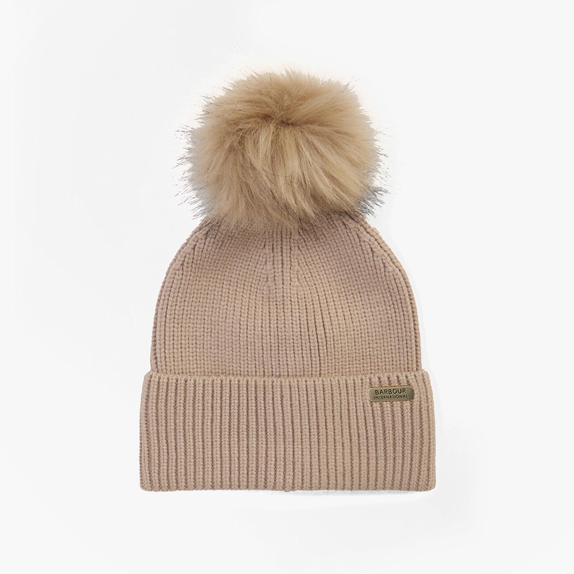 Barbour MALLORY POM Womens Beanie Oat front view with faux fur pom pom detail, soft and stylish knit hat.