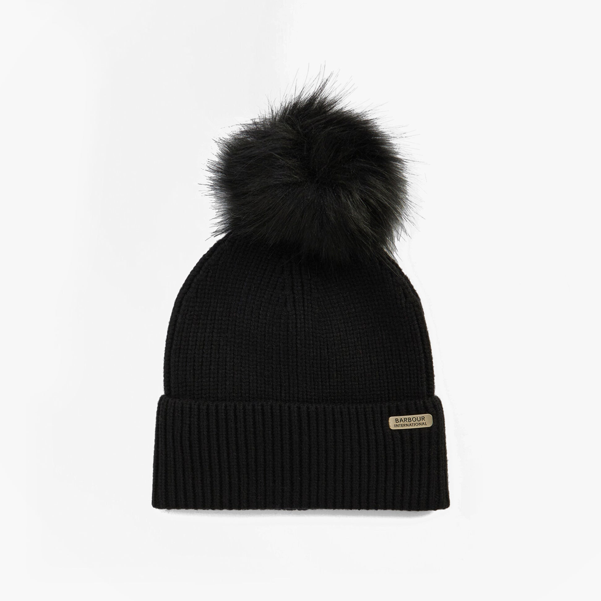 Barbour MALLORY POM Womens Beanie Black front view with faux fur pom detail.