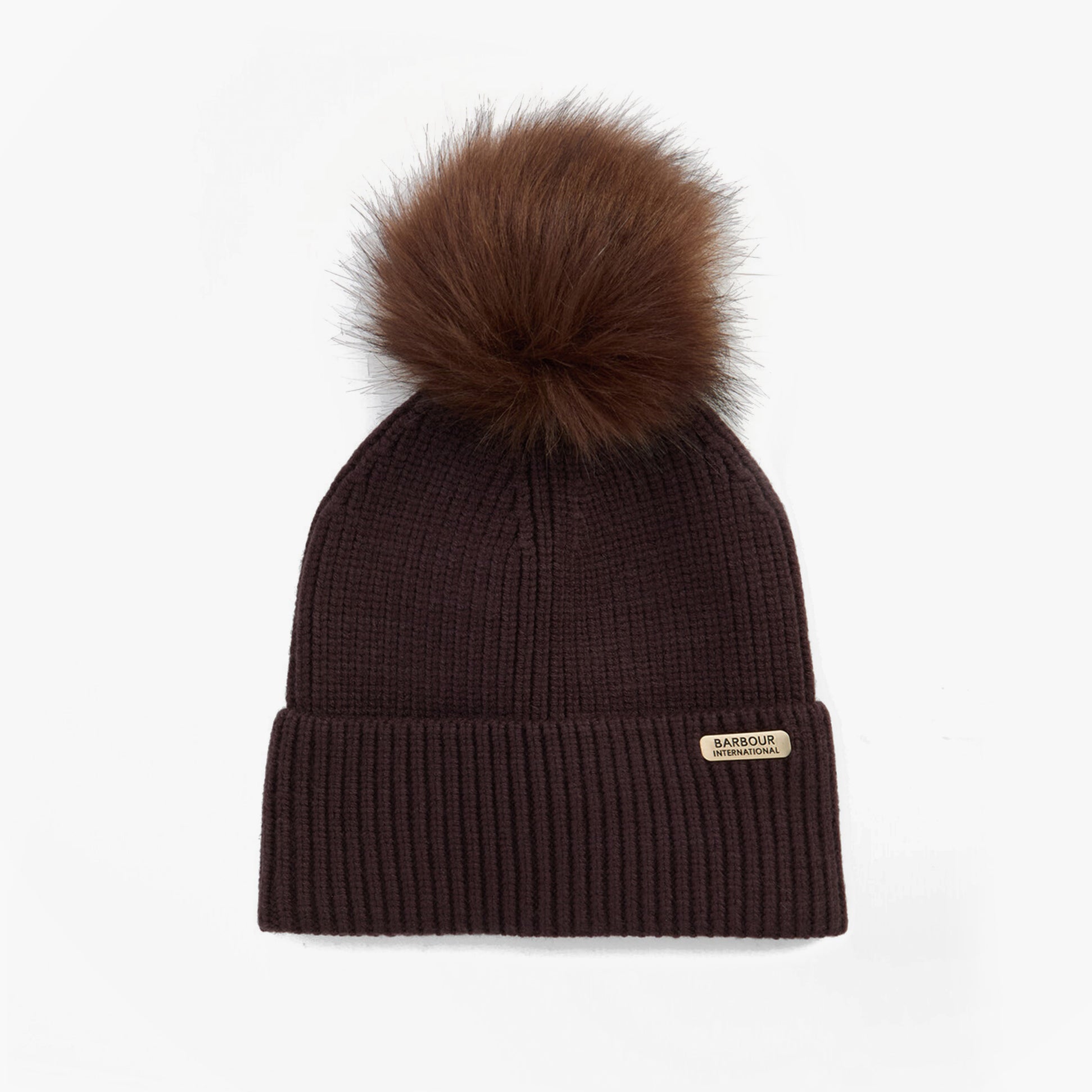 Barbour MALLORY POM Womens Beanie Chocolate front view showcasing faux fur pom and ribbed design.