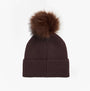 Barbour MALLORY POM Womens Beanie Chocolate, front view with faux fur pom pom.