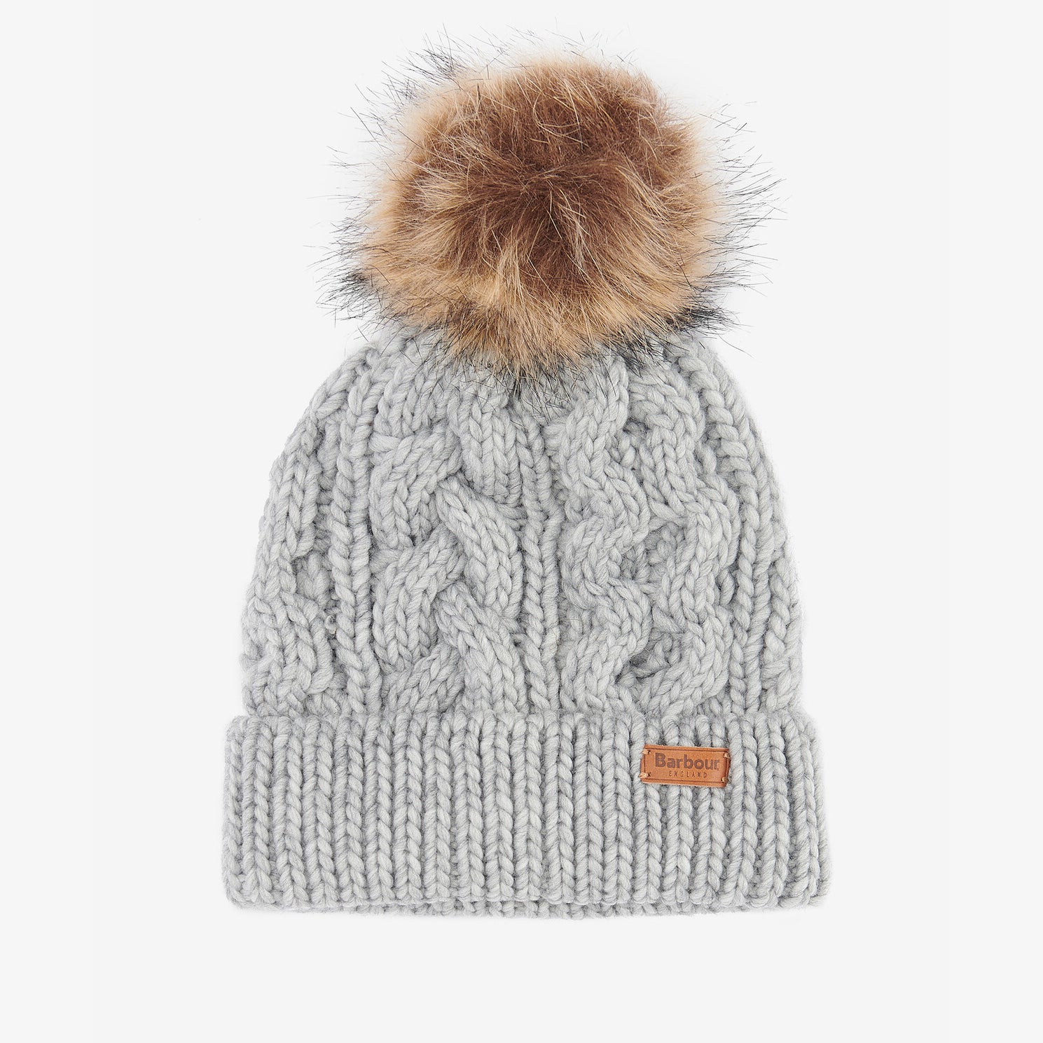 Barbour PENSHAW Womens Pom-Pom Beanie Grey front view with faux-fur pom-pom and cable-knit texture
