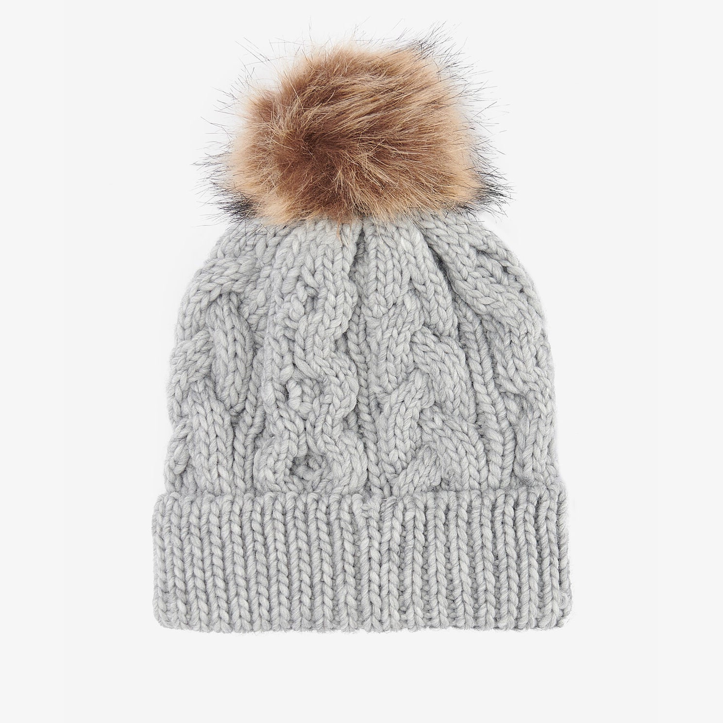 Barbour PENSHAW Womens Pom-Pom Beanie Grey top view featuring faux-fur pom-pom and cable-knit structure.