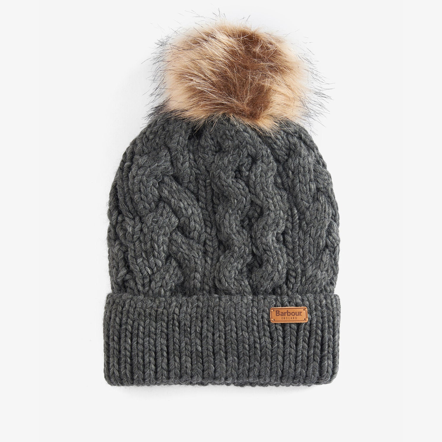 Barbour PENSHAW Womens Pom-Pom Beanie Charcoal, front view showing cable-knit design and faux-fur pom-pom.