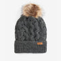 Barbour PENSHAW Womens Pom-Pom Beanie Charcoal, front view showing cable-knit design and faux-fur pom-pom.