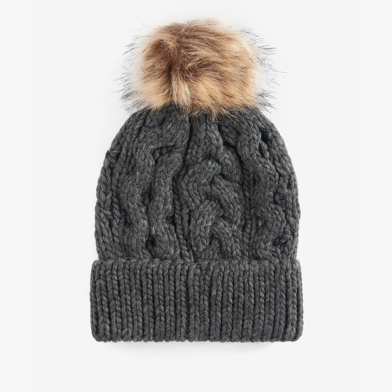 Barbour PENSHAW Womens Pom-Pom Beanie Charcoal top view featuring faux-fur pom-pom and cable-knit design.