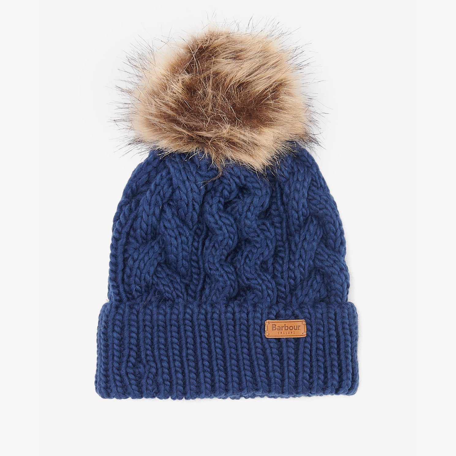 Barbour PENSHAW Womens Pom-Pom Beanie Navy front view featuring faux-fur pom-pom and cable-knit structure.