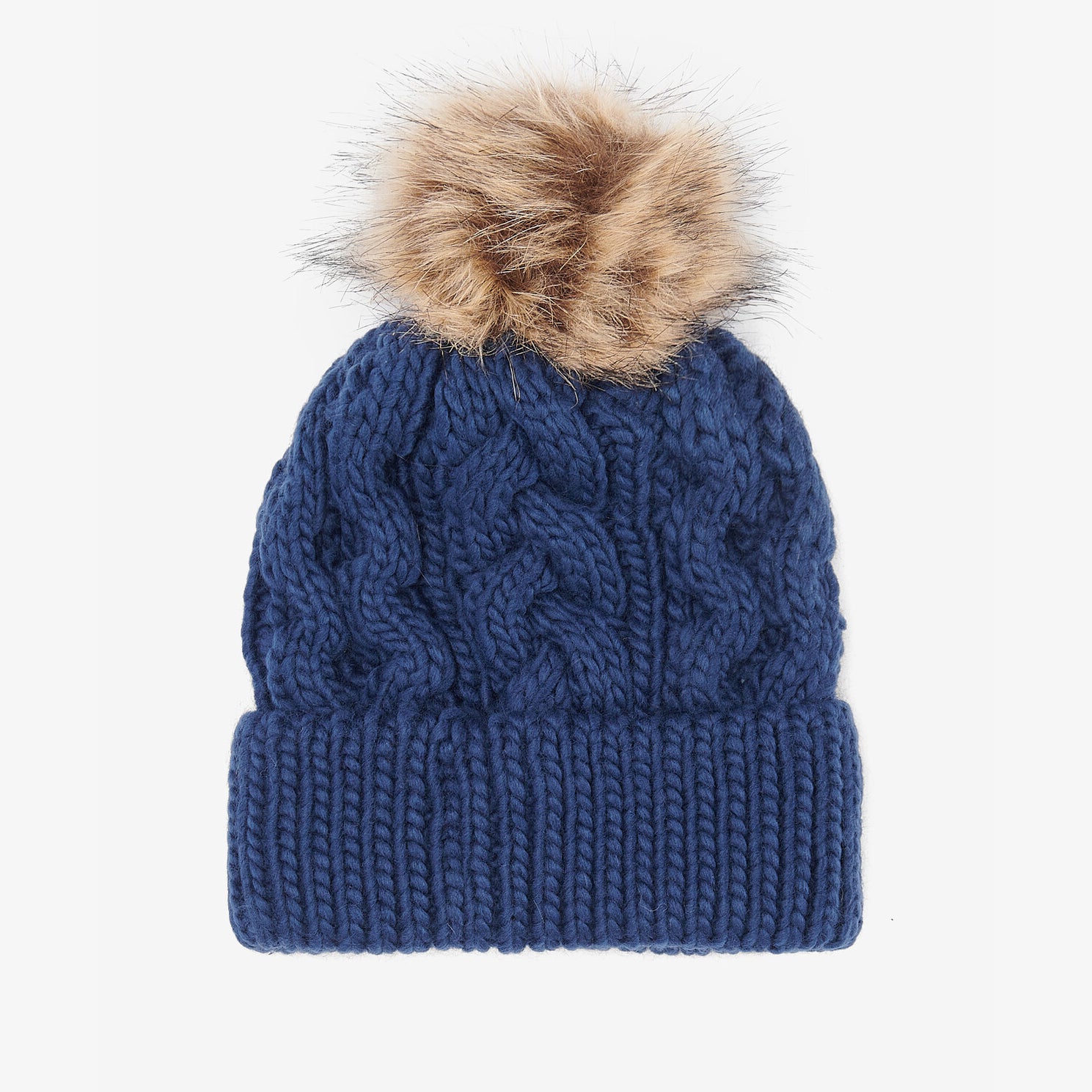 Barbour PENSHAW Womens Pom-Pom Beanie Navy front view with faux-fur pom-pom and cable-knit structure.