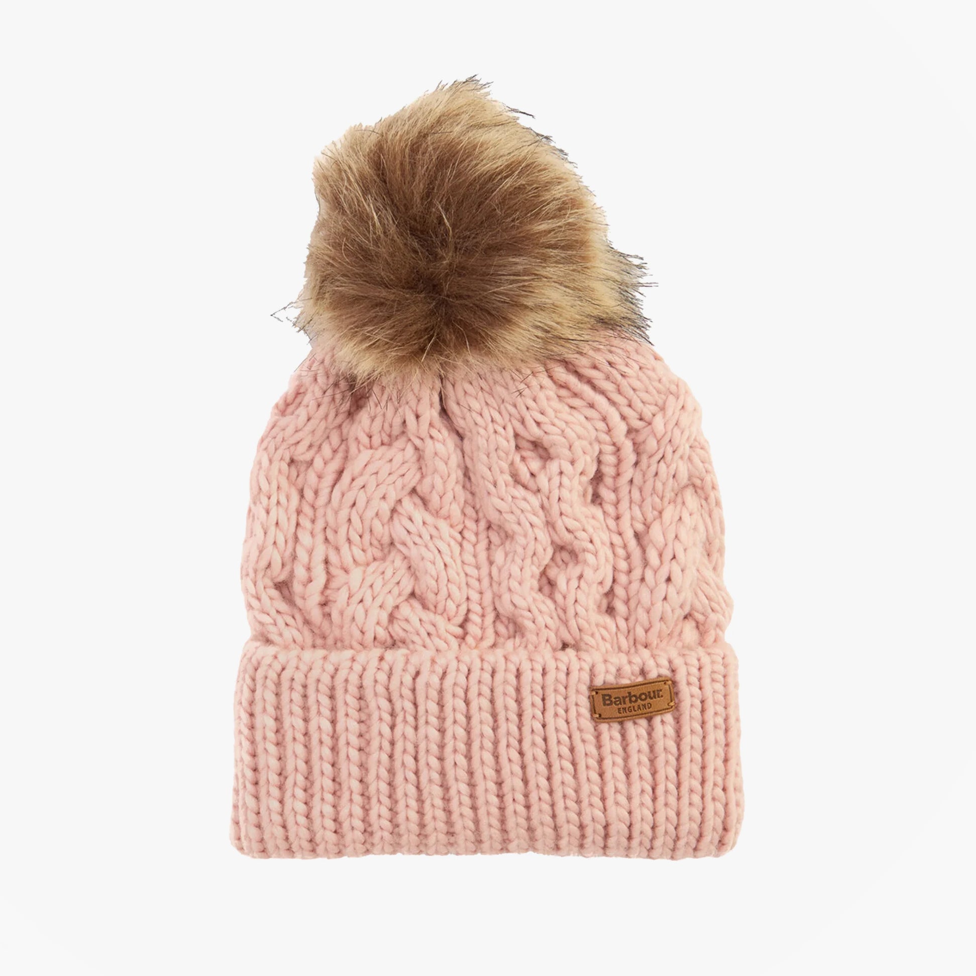 Barbour PENSHAW Womens Beanie Pink Blush front view with faux fur pom pom and branded label.