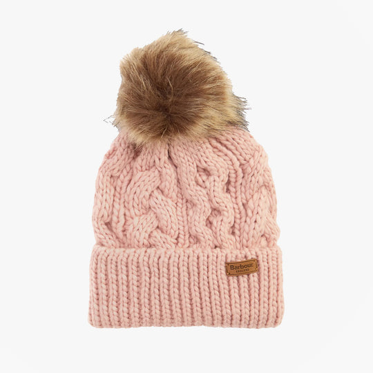 Barbour PENSHAW Womens Beanie Pink Blush front view with faux fur pom pom and branded label.