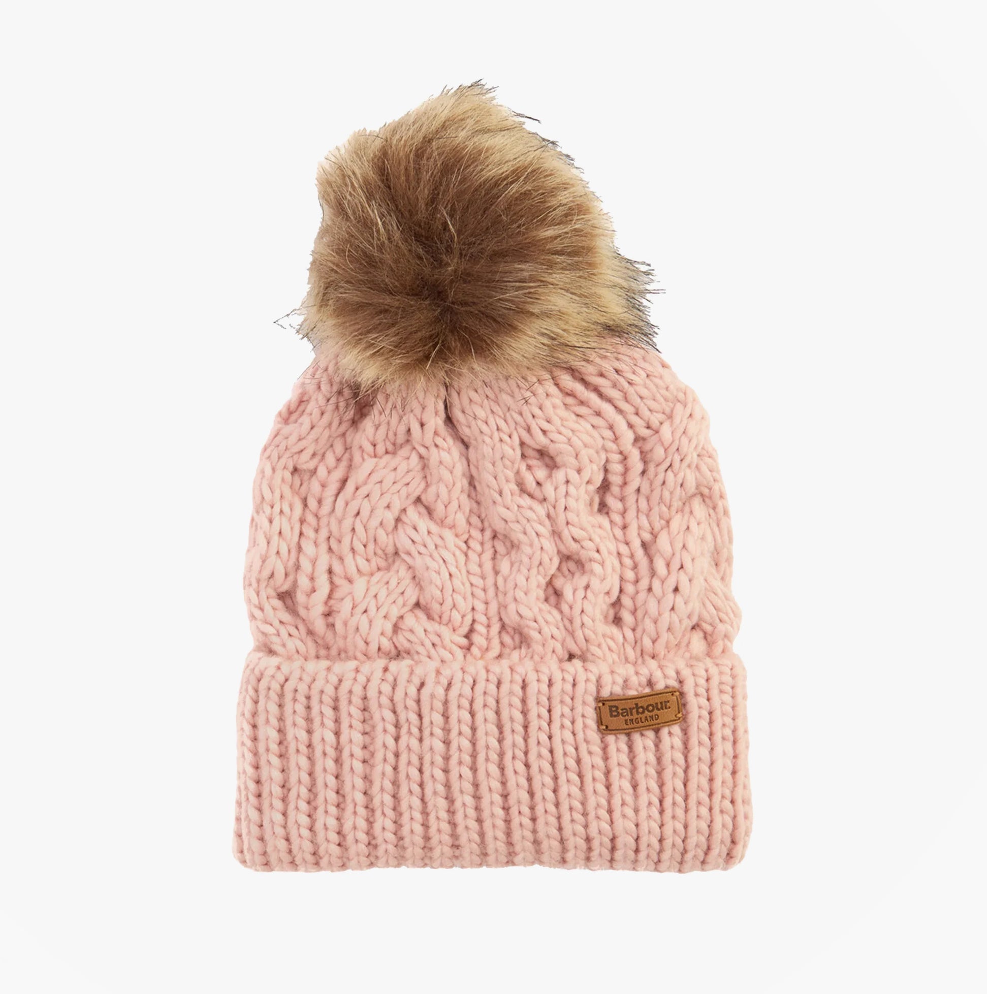 Barbour PENSHAW Womens Beanie Pink Blush front view with faux fur pom pom and branded label.