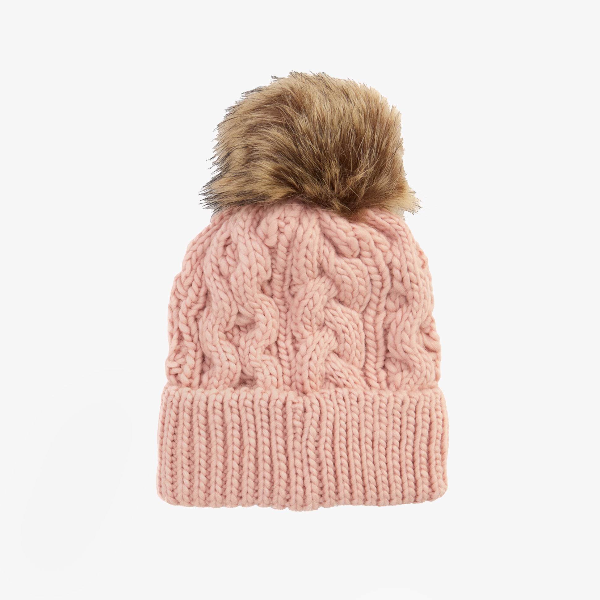 Barbour PENSHAW Womens Beanie Pink Blush front view with faux fur pom pom and cable knit design.