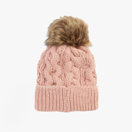 Barbour PENSHAW Womens Beanie Pink Blush front view with faux fur pom pom and cable knit design.