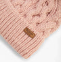 Barbour PENSHAW Womens Beanie Pink Blush detail view showing knit texture and logo tag.
