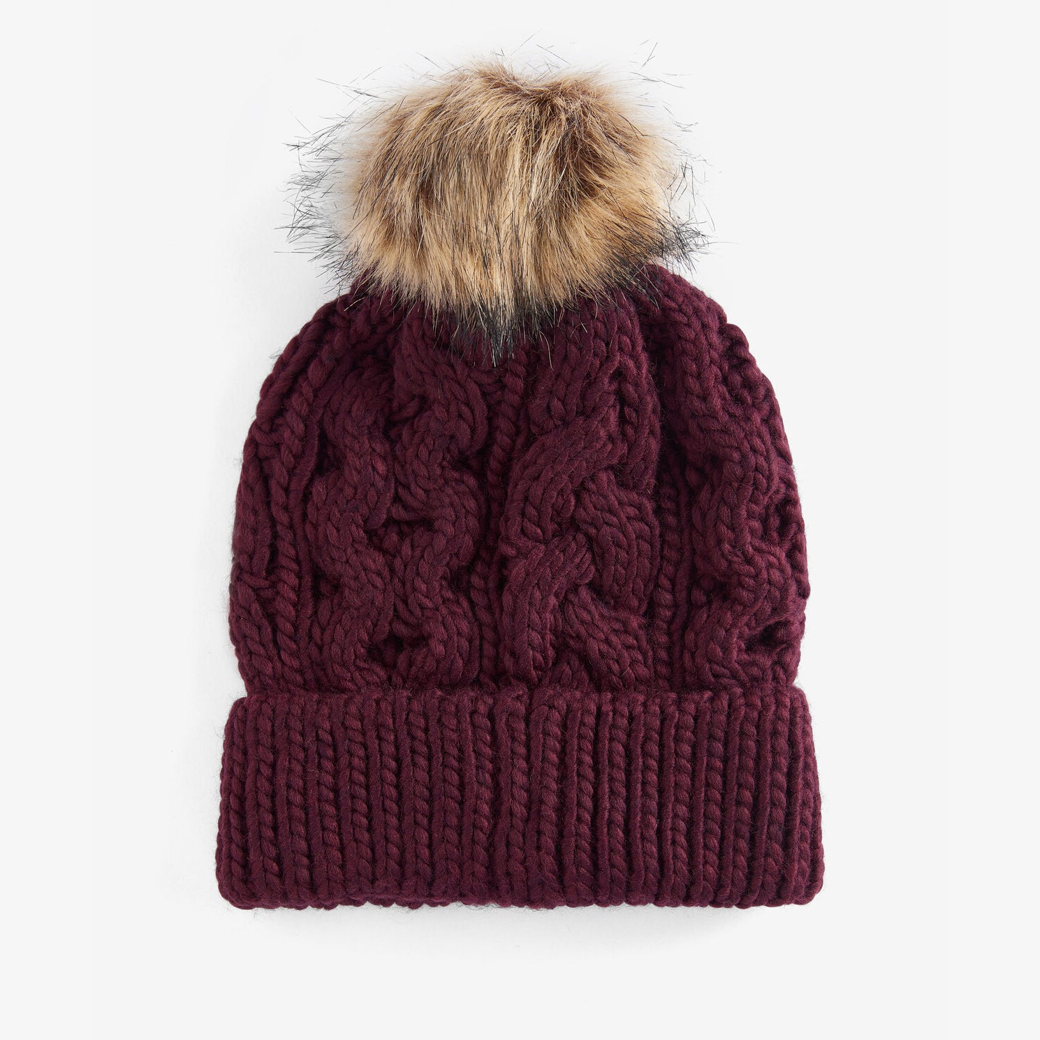 Barbour PENSHAW Womens Pom-Pom Beanie Bordeaux front view, cable-knit with faux-fur pom-pom, stylish winter accessory.