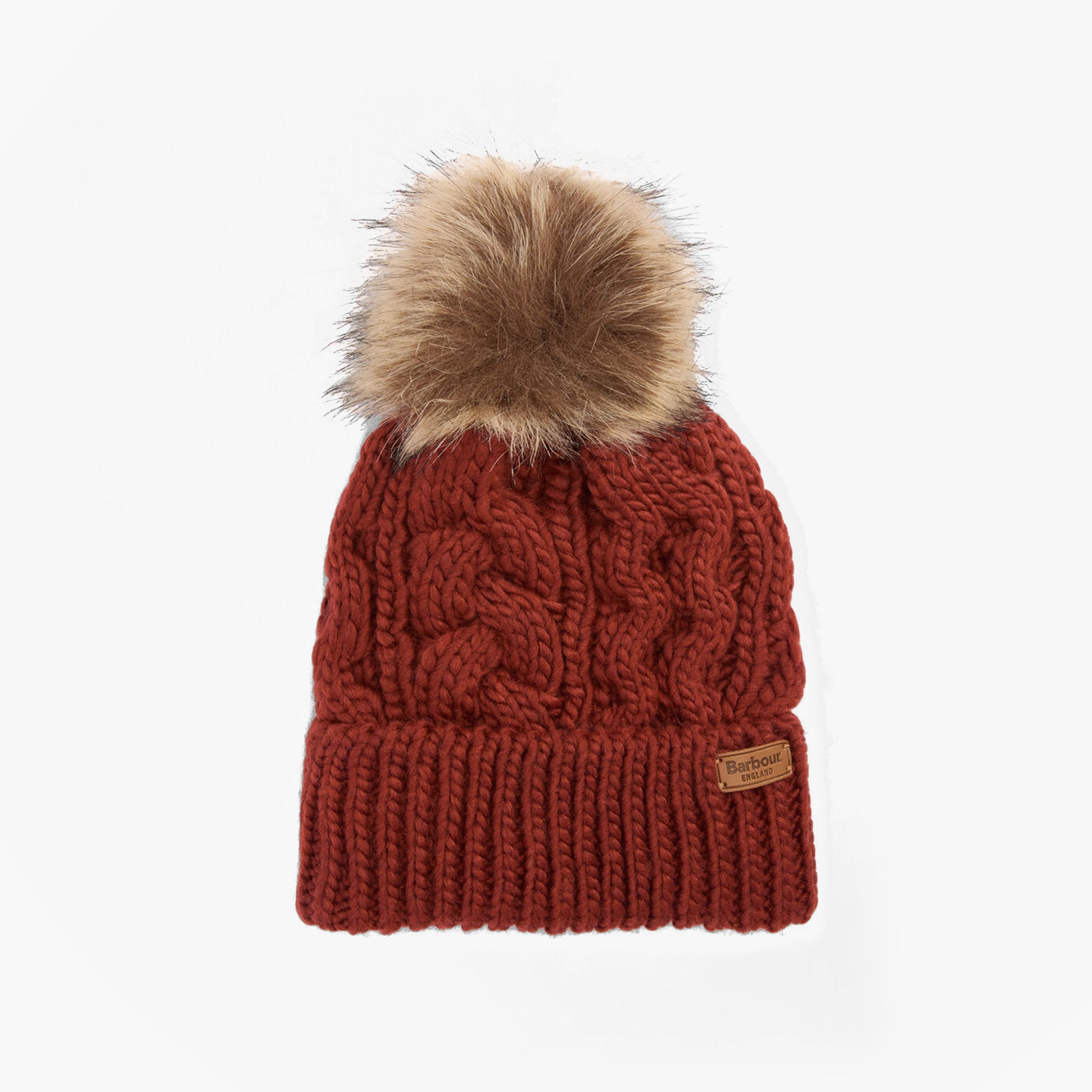 Barbour PENSHAW Womens Beanie Burnt Henna front view with faux fur pom pom and cable knit design.