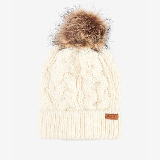 Barbour PENSHAW Womens Pom-Pom Beanie Cloud front view with faux-fur pom-pom and cable-knit structure.