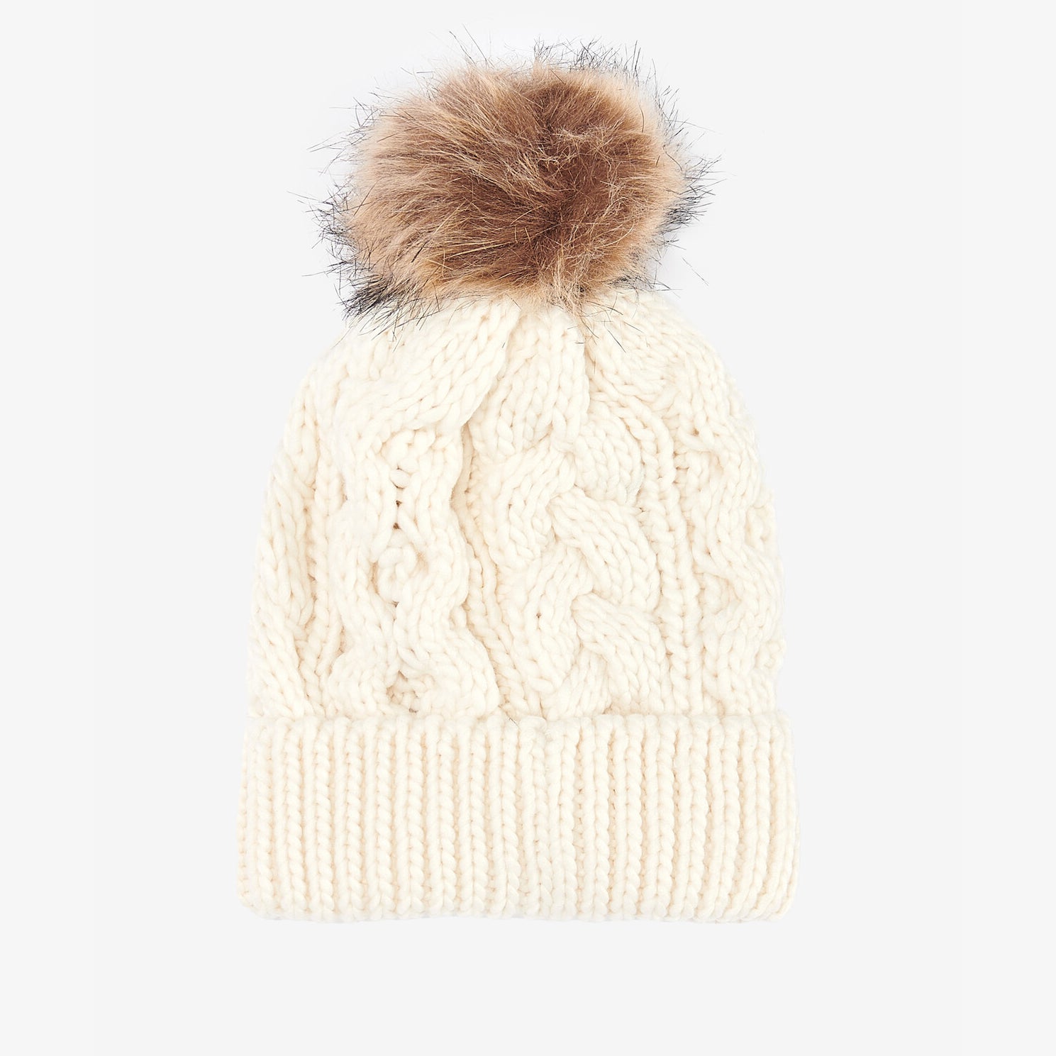 Barbour PENSHAW Womens Pom-Pom Beanie Cloud front view with faux-fur pom-pom and cable-knit structure.