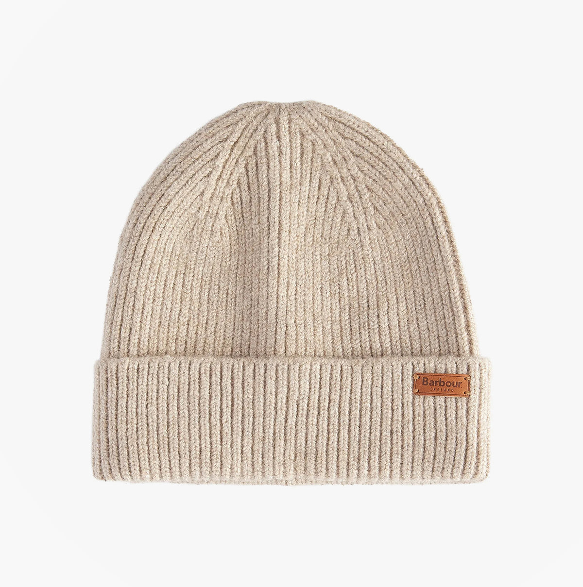 Barbour PENDLE Womens Beanie Light Trench front view in beige with ribbed texture and branded badge.
