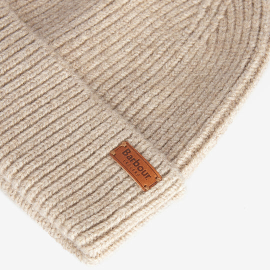 Barbour PENDLE Womens Beanie Light Trench detail view showing ribbed texture and branded badge.