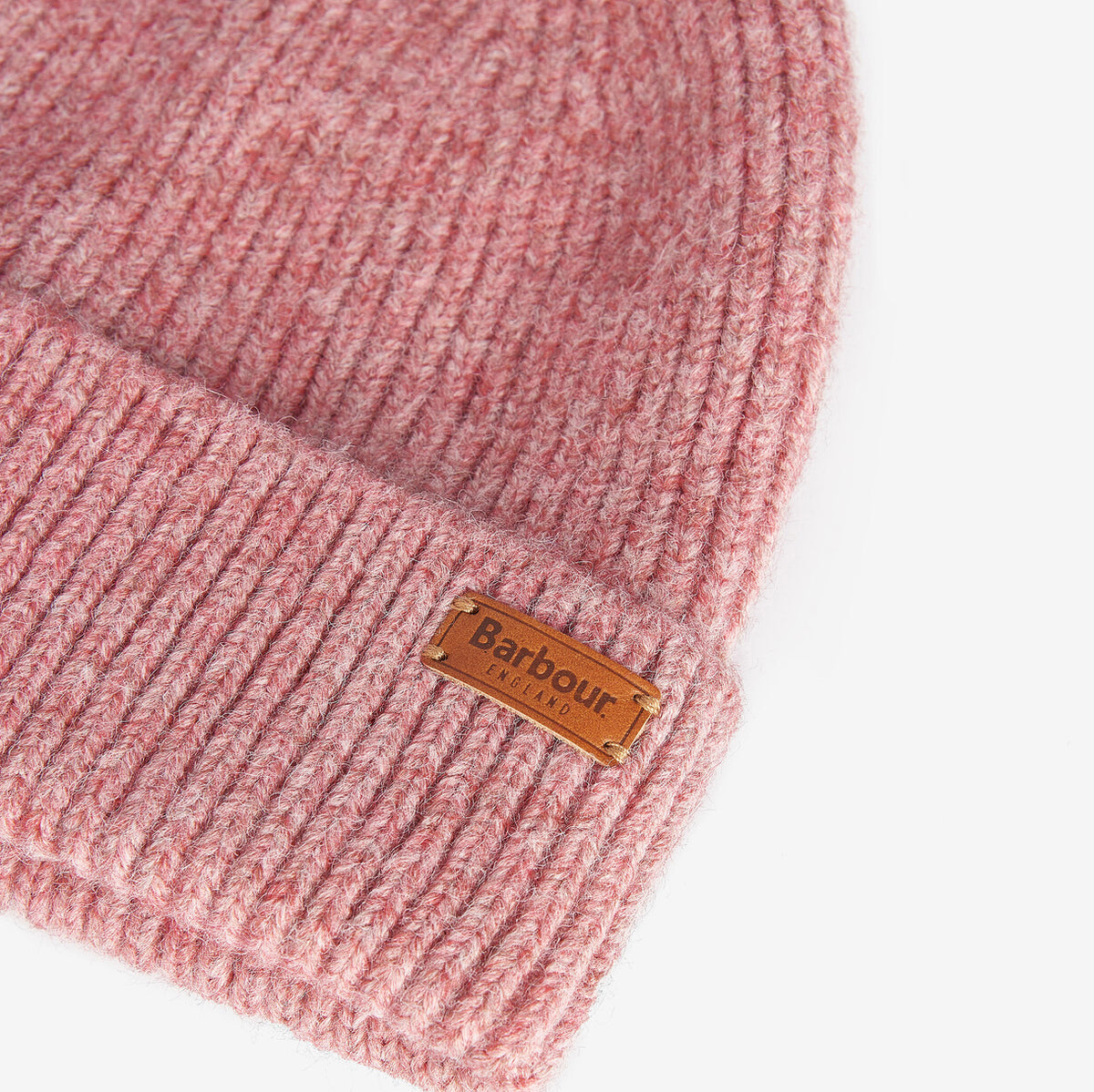 Barbour PENDLE Womens Beanie Pink detail view showcasing textured rib knit and branded badge on outer.