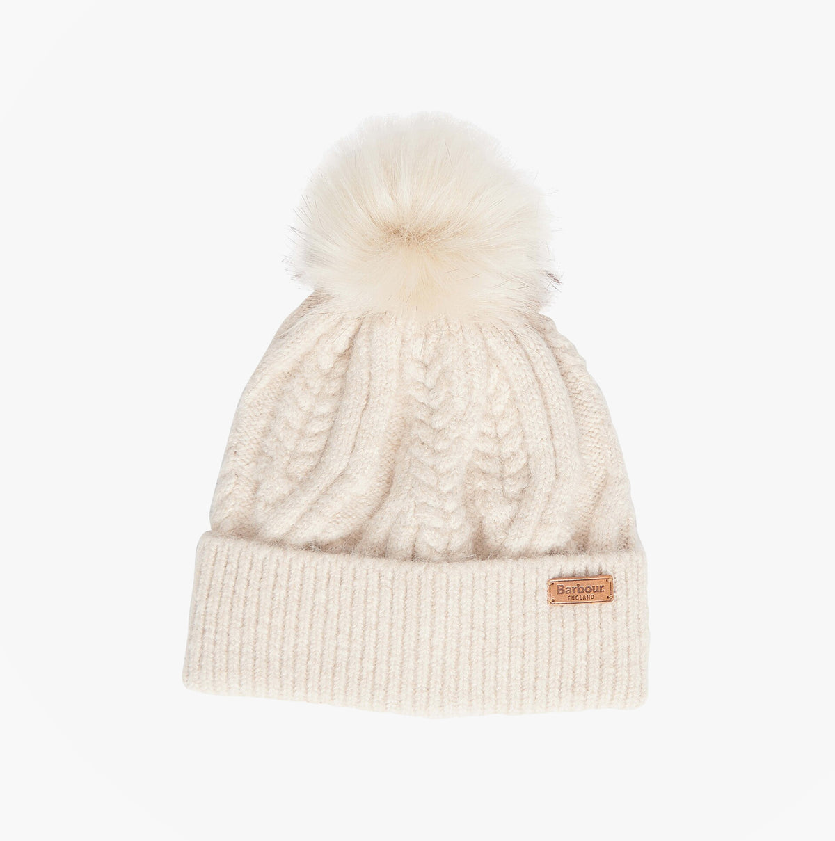 Barbour ELSDON Womens Beanie Eggshell front view with pom pom and ribbed design, a stylish winter accessory.