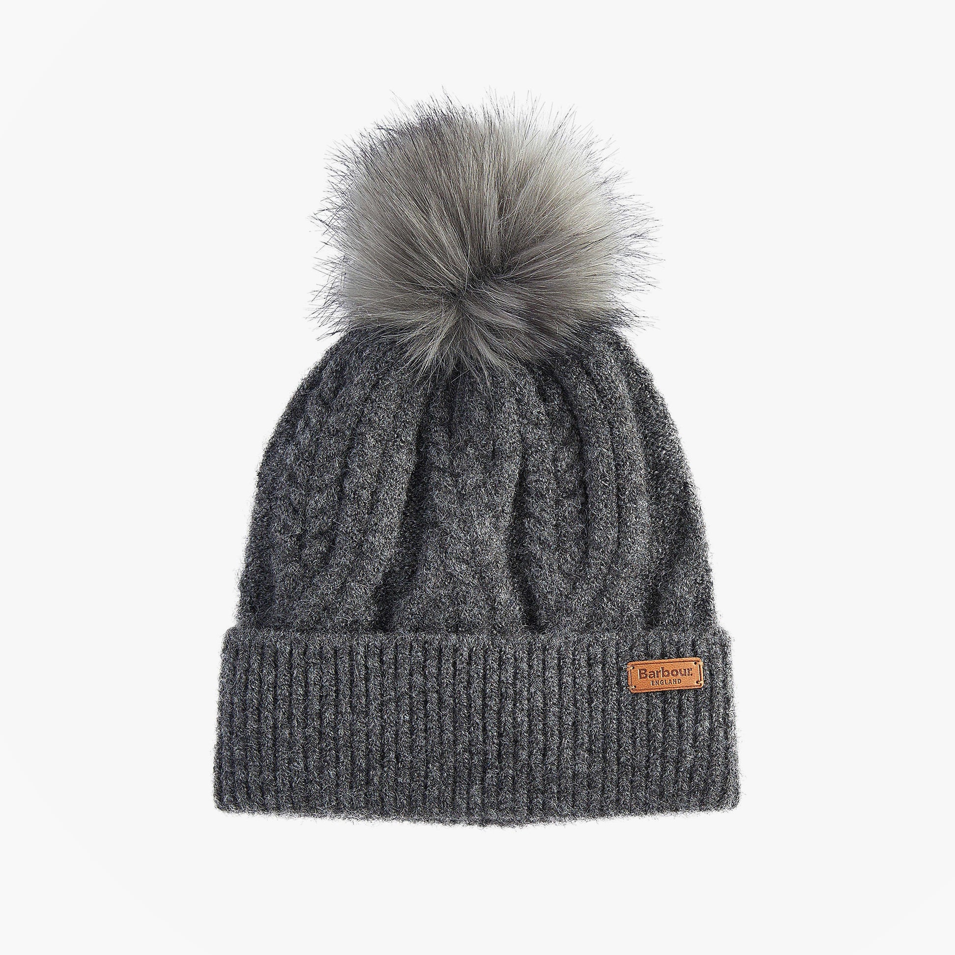 Barbour ELSDON Womens Beanie Grey front view with pom pom detail