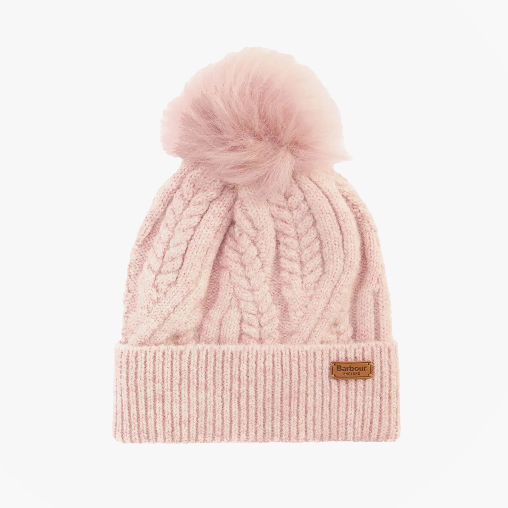 Barbour ELSDON Womens Beanie Gardenia front view with pom pom detail, soft knit texture in pastel pink color.