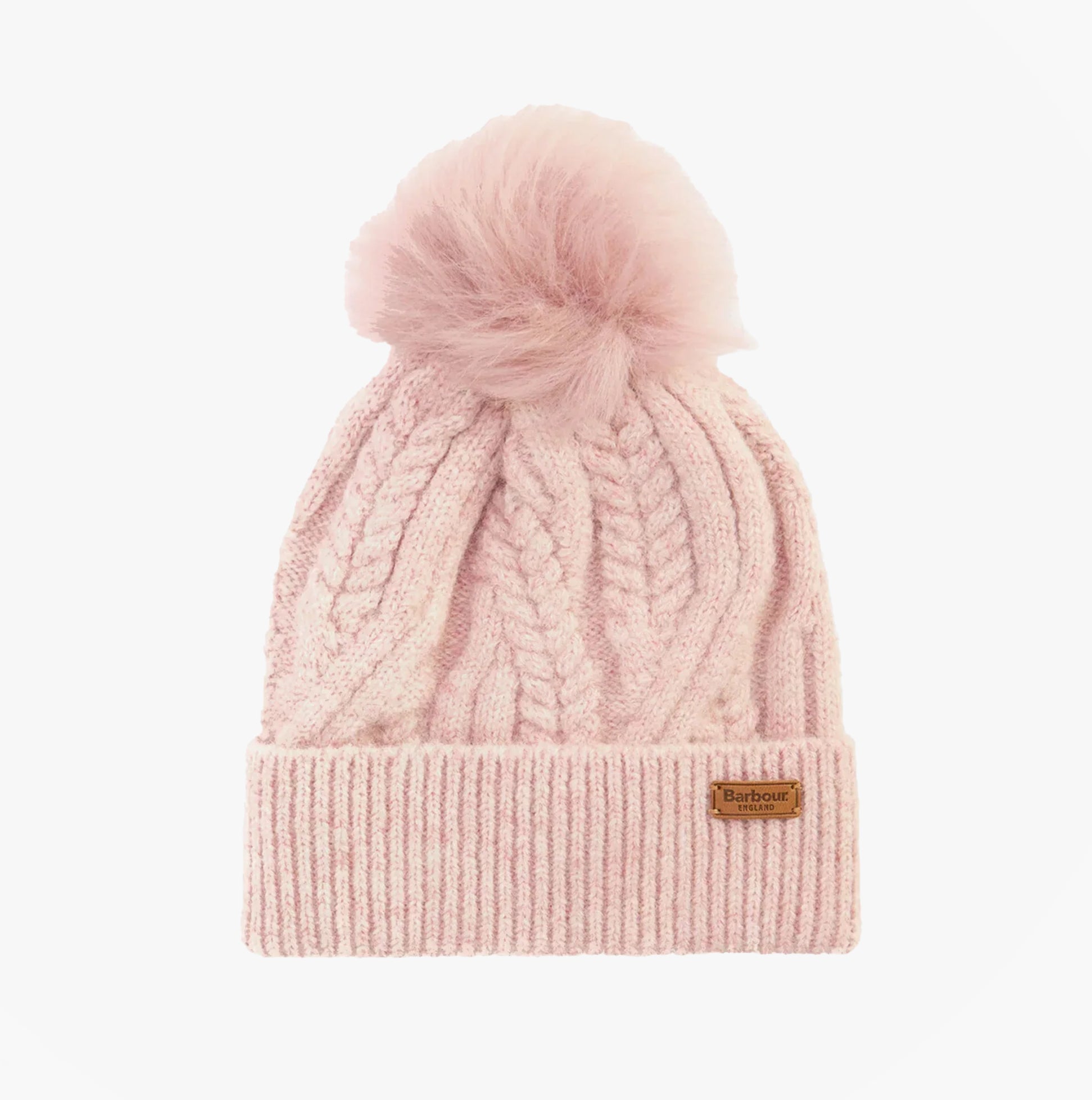 Barbour ELSDON Womens Beanie Gardenia front view with pom pom detail, soft knit texture in pastel pink color.
