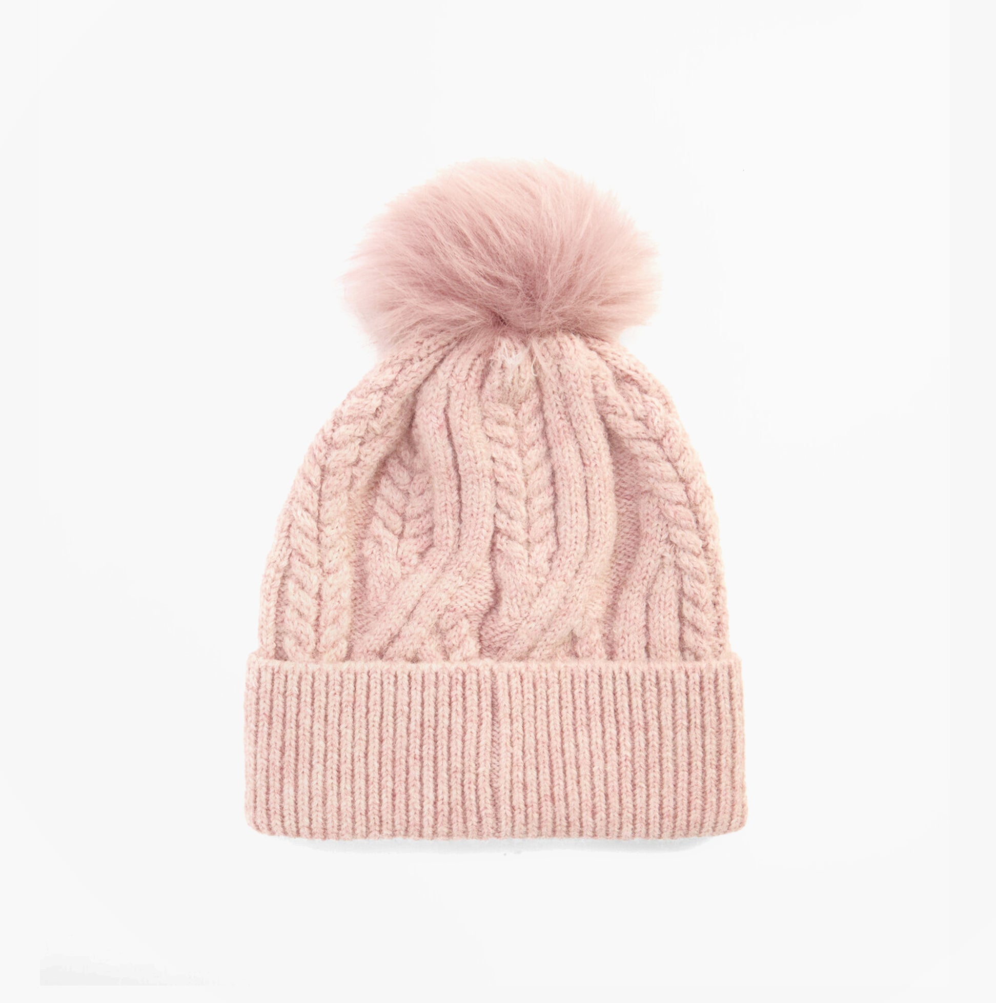 Barbour ELSDON Womens Beanie Gardenia, front view, pink knit beanie with pom pom, stylish winter accessory.