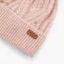 Barbour ELSDON Womens Beanie Gardenia detail view showcasing the soft pink knitted texture and logo label.