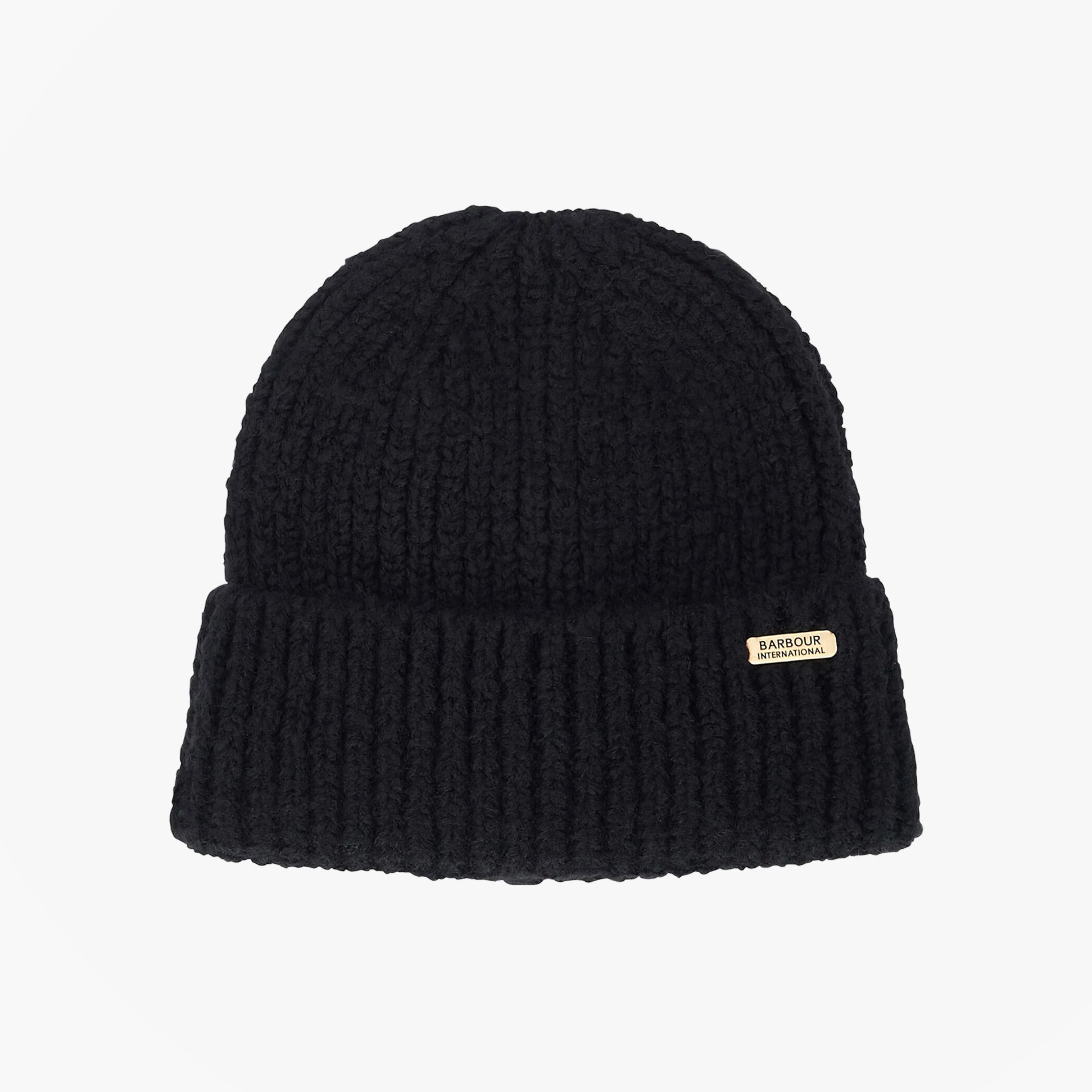 Barbour ARIA Womens Beanie Black top view showcasing textured knit design and brand logo detail.