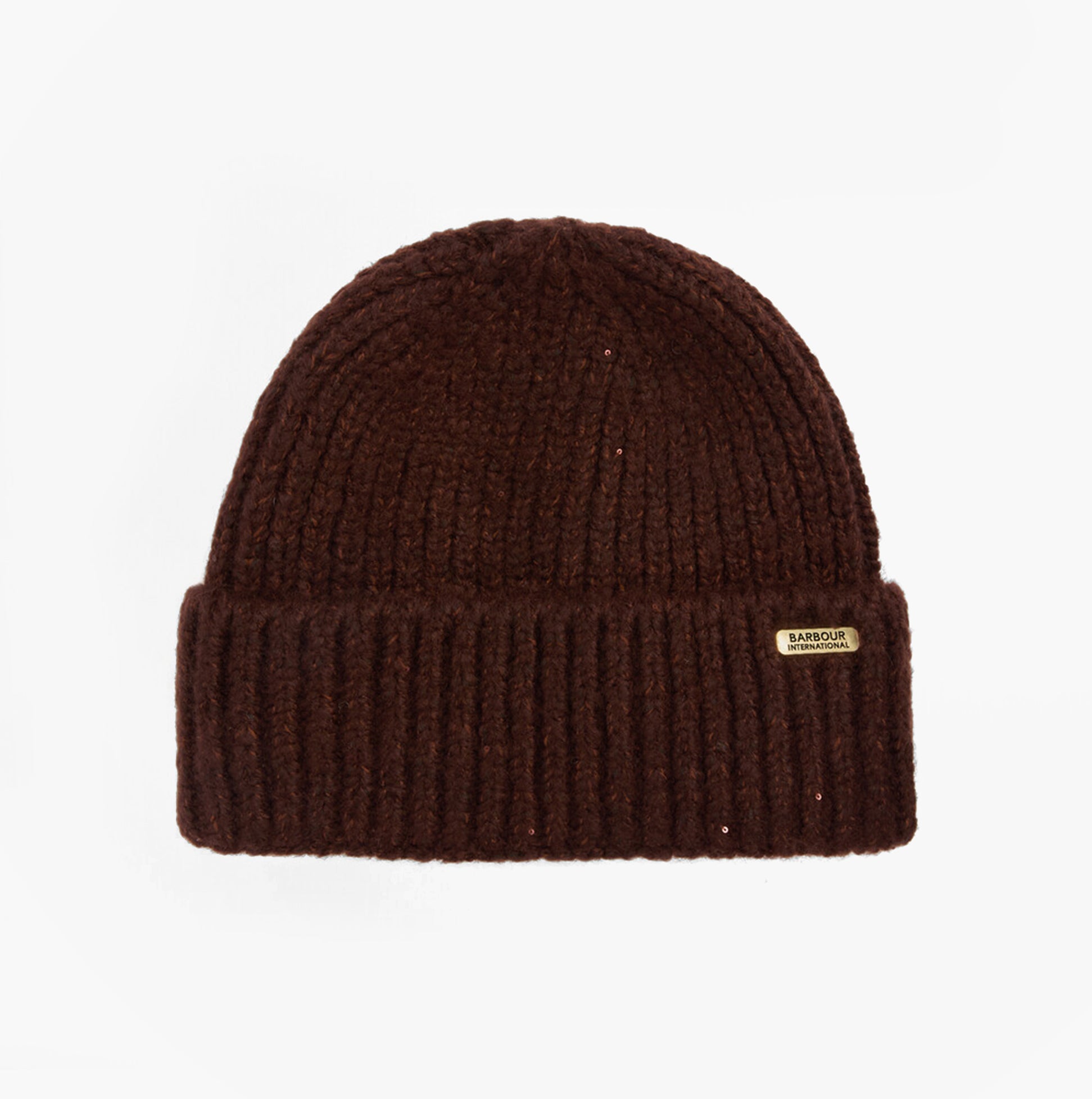 Barbour ARIA Womens Beanie Chocolate front view, knitted design, warm brown color, stylish winter accessory.