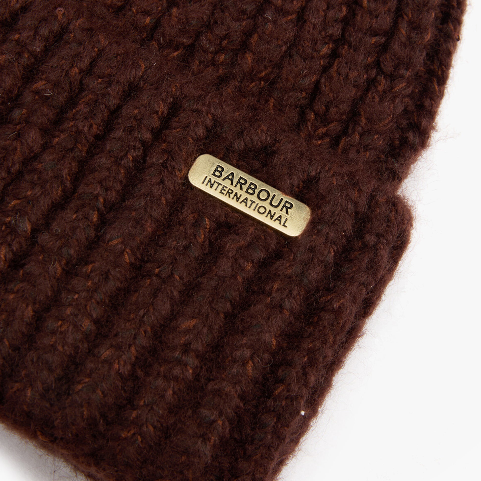 Barbour ARIA Womens Beanie Chocolate detail view showing fabric texture and logo.