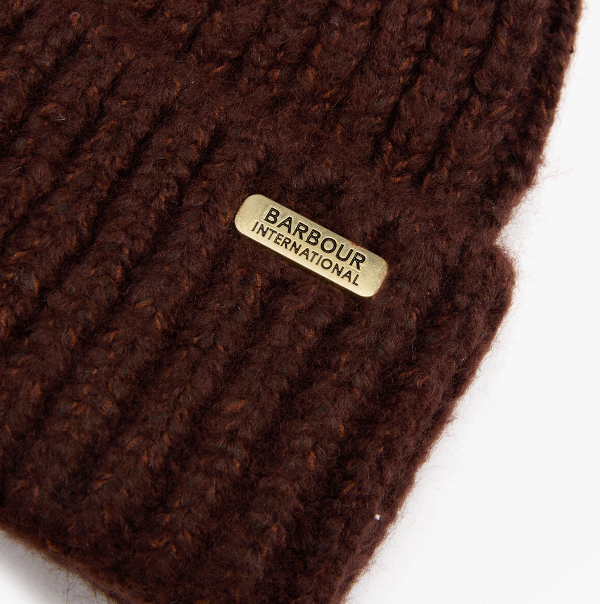 Barbour ARIA Womens Beanie Chocolate detail view showing fabric texture and logo.