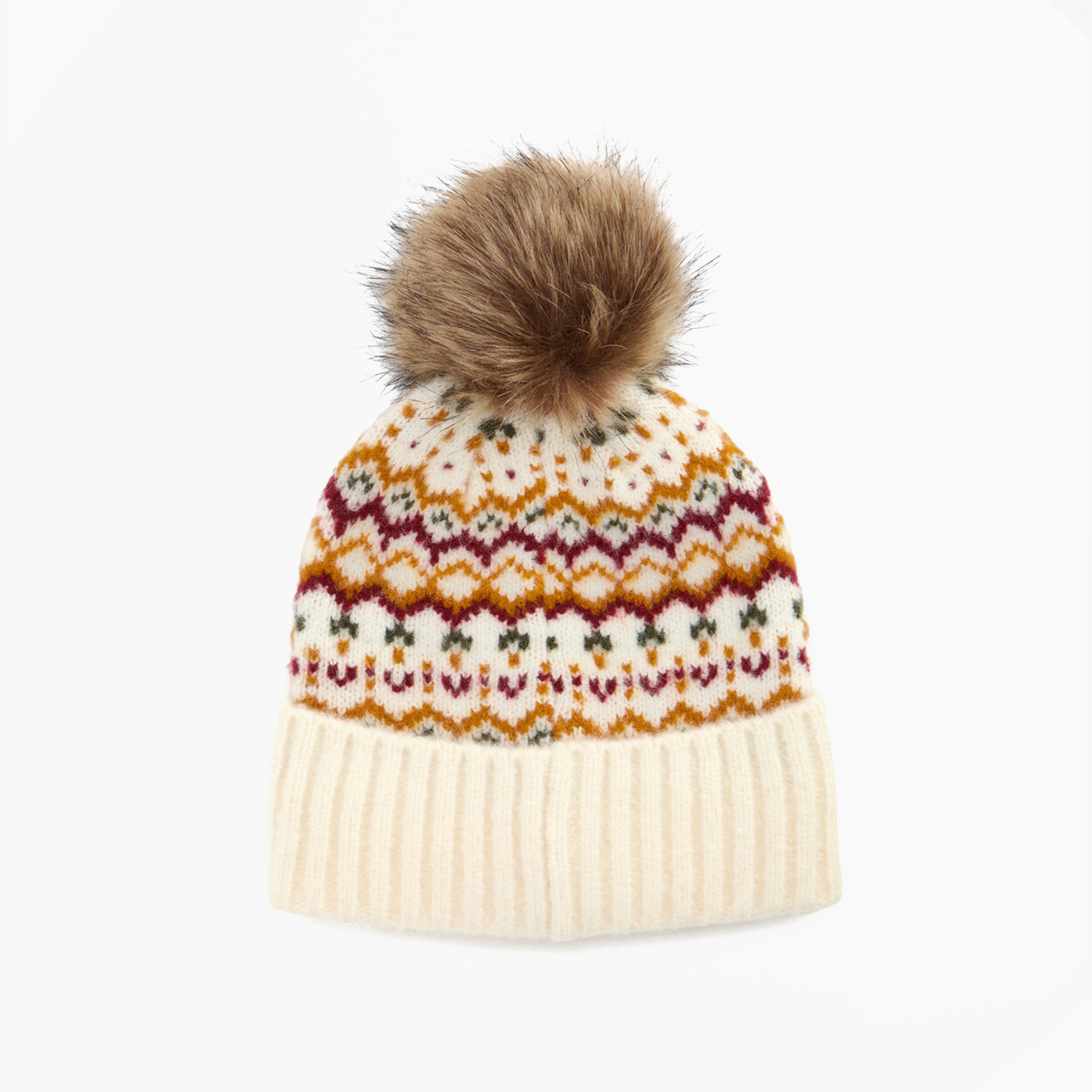 Barbour KINGSFORD FAIR ISLE Womens Beanie Cloud front view with pom pom, featuring colorful fair isle pattern.