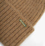 Barbour MERYL Womens Beanie Military Brown detail view showing logo on knitted fabric