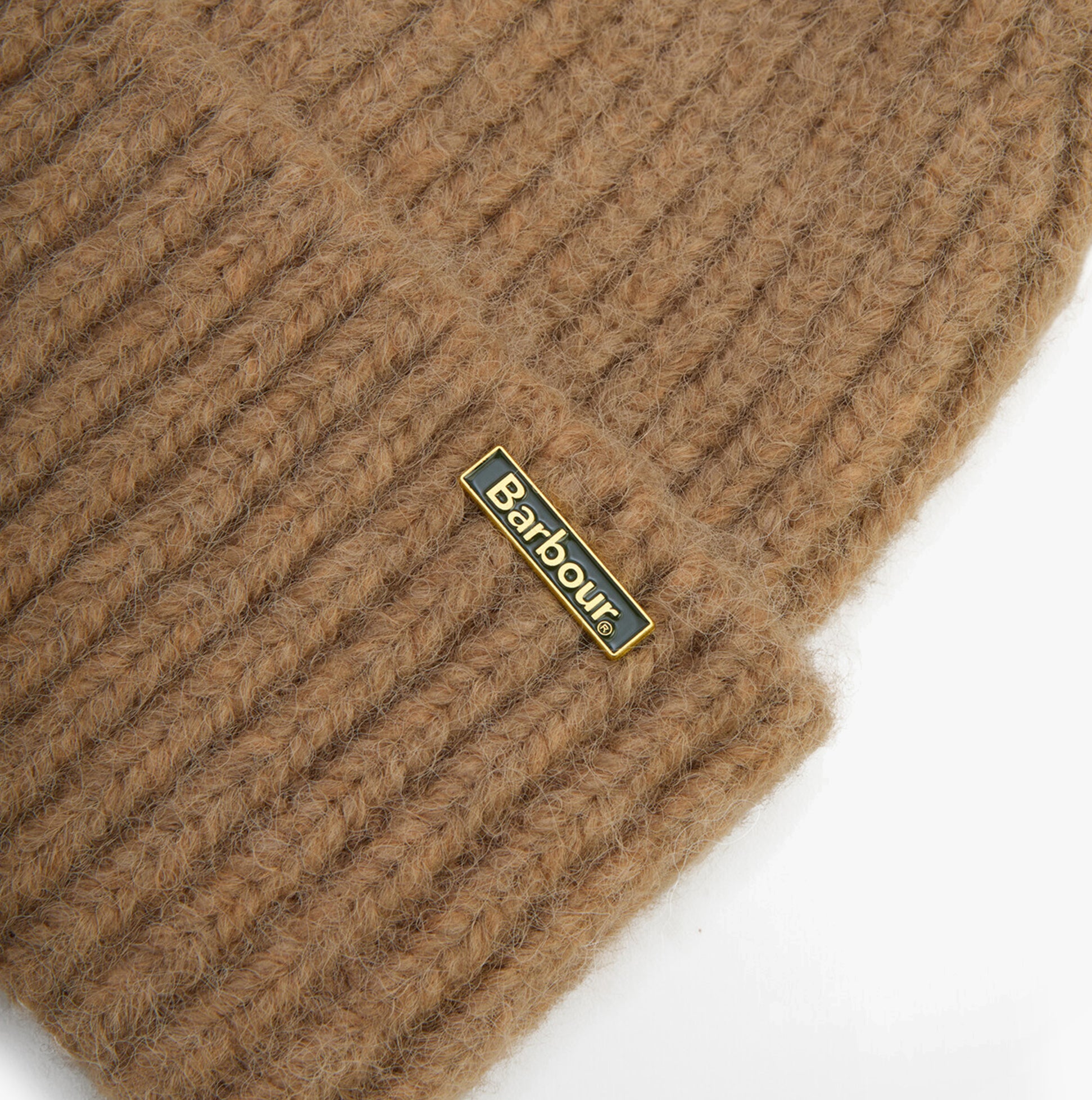 Barbour MERYL Womens Beanie Military Brown detail view showing logo on knitted fabric