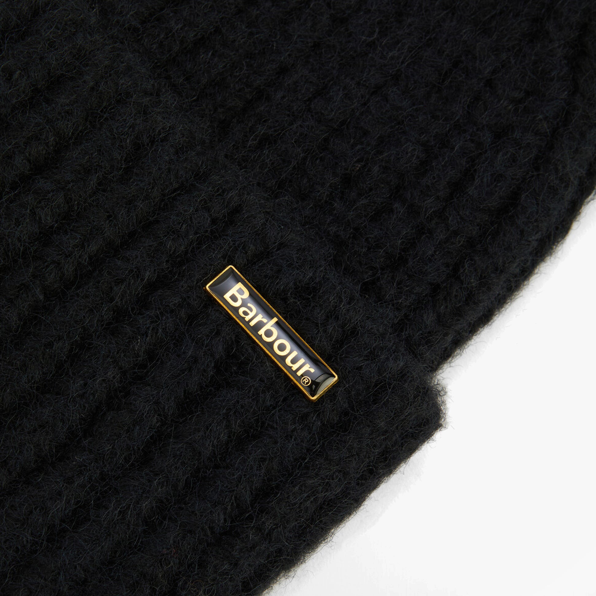 Barbour MERYL Womens Beanie Black detail view showing logo and texture.