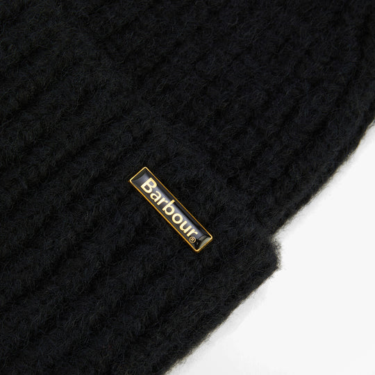 Barbour MERYL Womens Beanie Black detail view showing logo and texture.