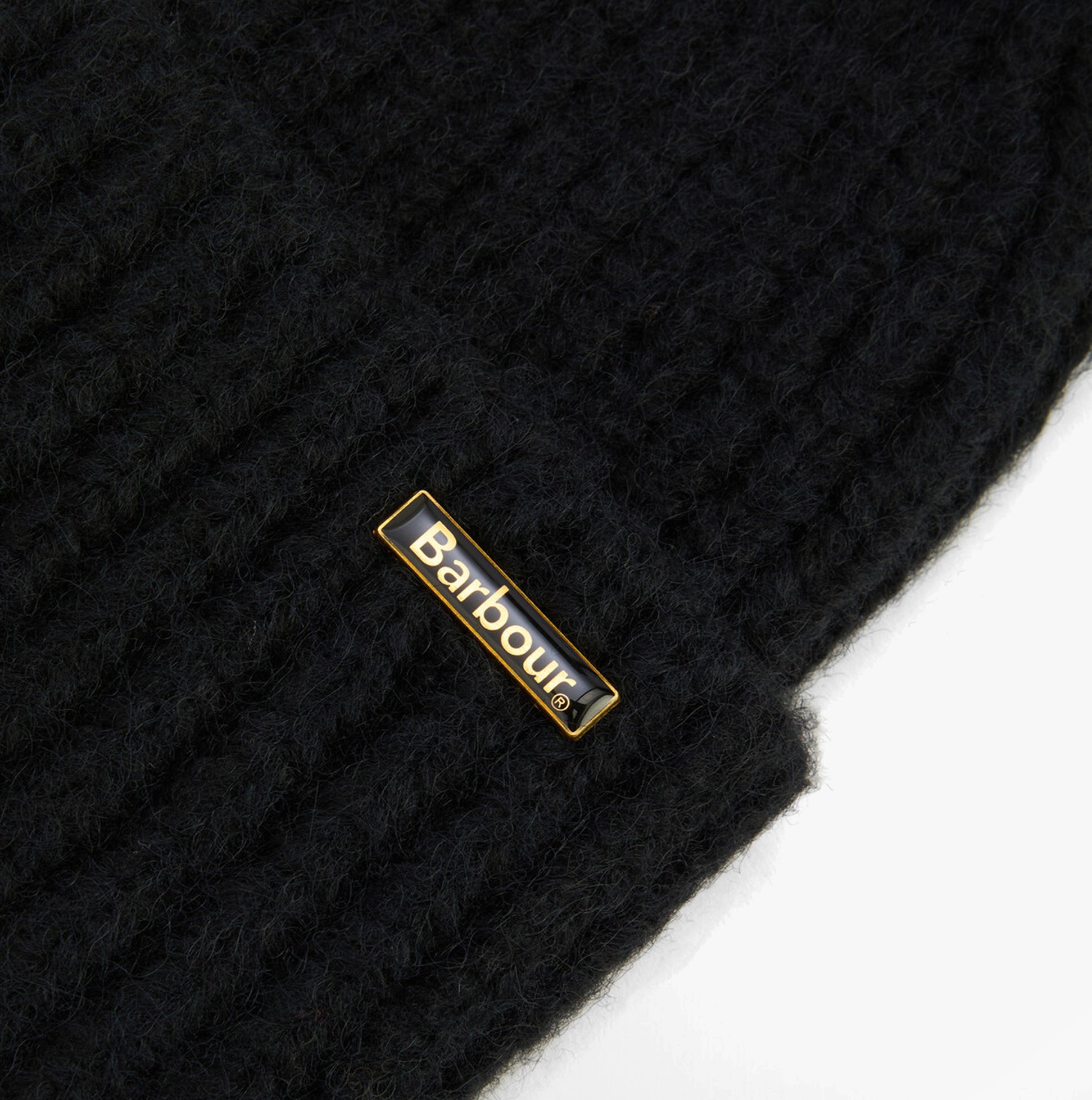 Barbour MERYL Womens Beanie Black detail view showing logo and texture.